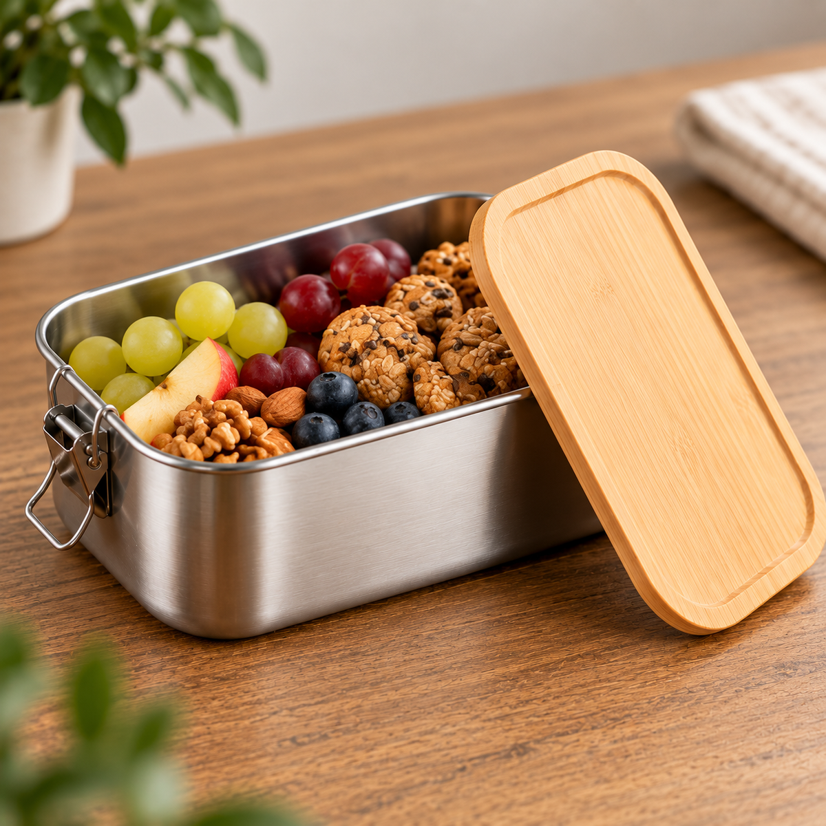 Lunch Box Edelstahl mit Bambusdeckel & Verschluss - Mit Wunschgravur