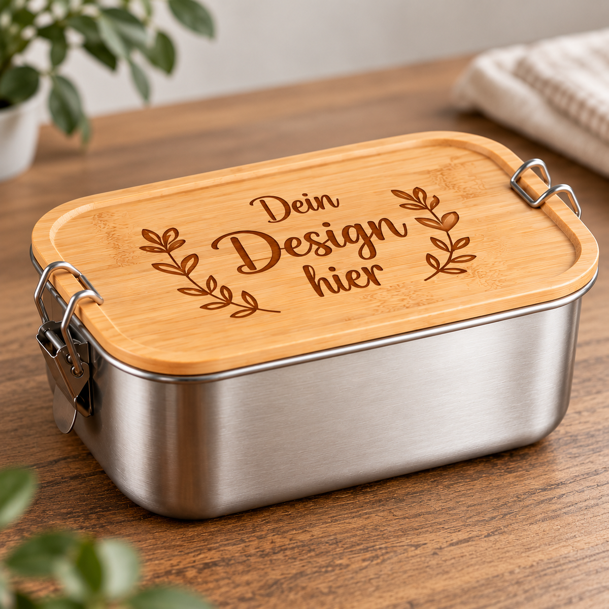 Lunch Box Edelstahl mit Bambusdeckel & Verschluss - Mit Wunschgravur